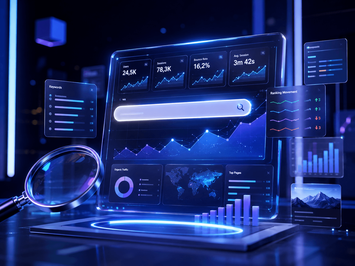 Posicionamiento web SEO con análisis de palabras clave, tráfico y crecimiento orgánico